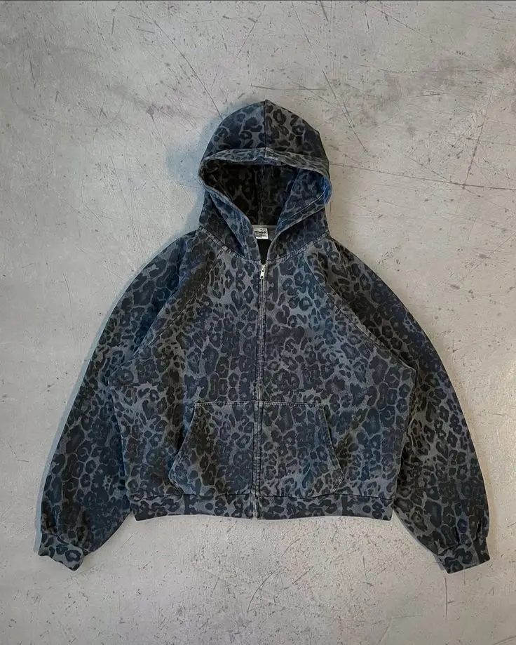 Mens Fashion Zip Up Hoodies - Retro Y2K Leopardenmuster Zipper-Hoodie für Männer