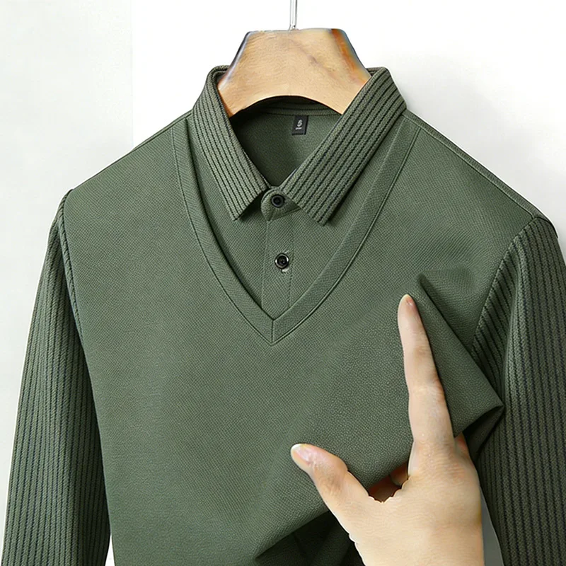 Mens Fashion Clothes - Zweiteiliges Hemd für Herren, V-Ausschnitt, langärmelig,