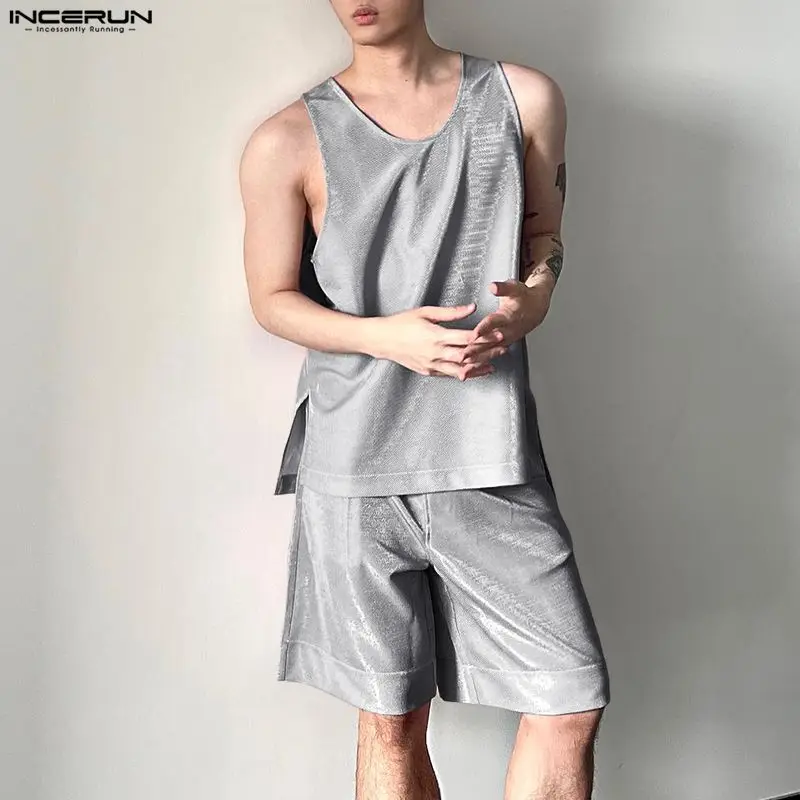 Mens Fashion Summer - INCERUN Herren-Sets, glänzend, einfarbig, O-Ausschnitt, ärmellose