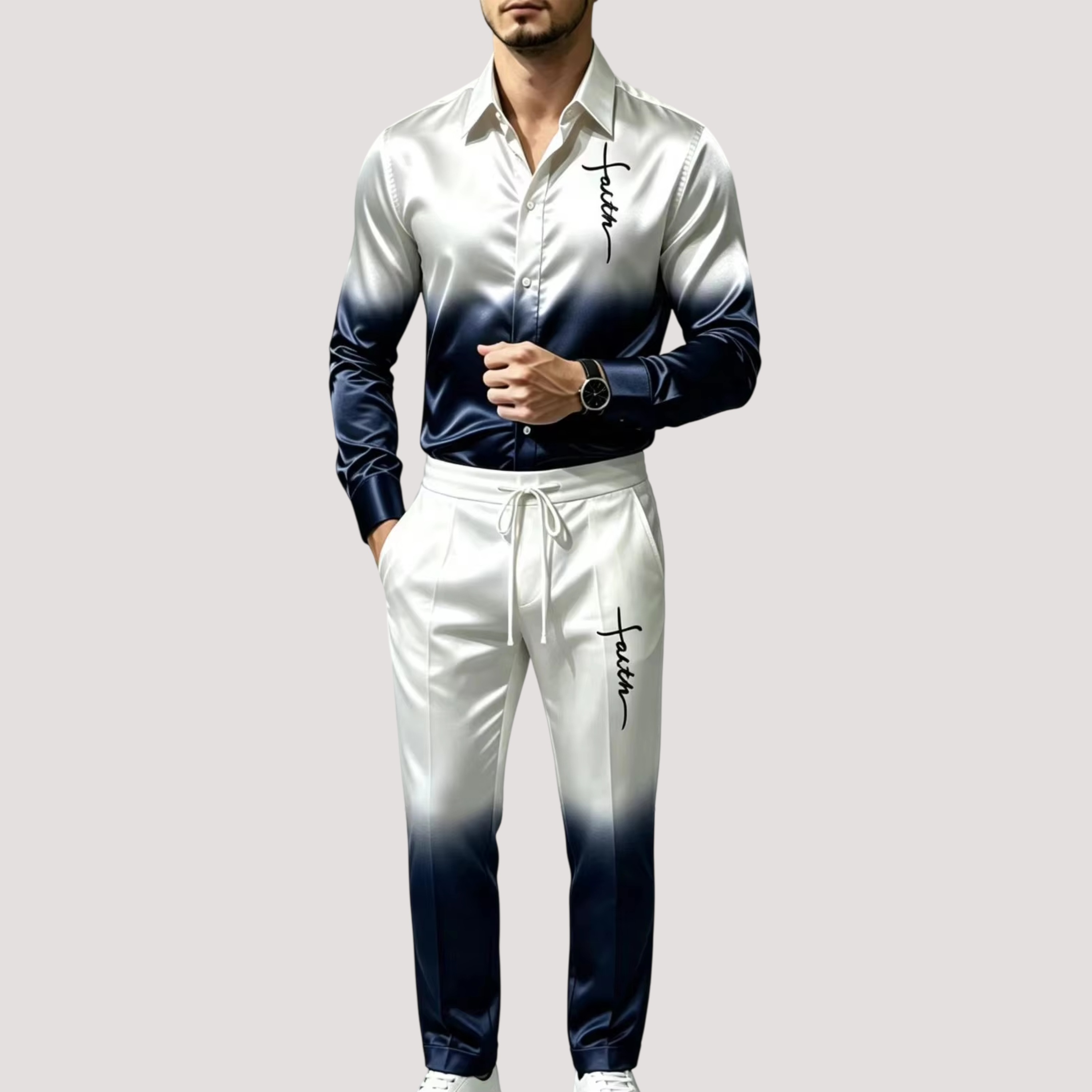Mens Fashion Clothes - Herren-Satin-Seiden-Sportanzug Zweiteiliges Set Farbverlauf Langarmhemd mit