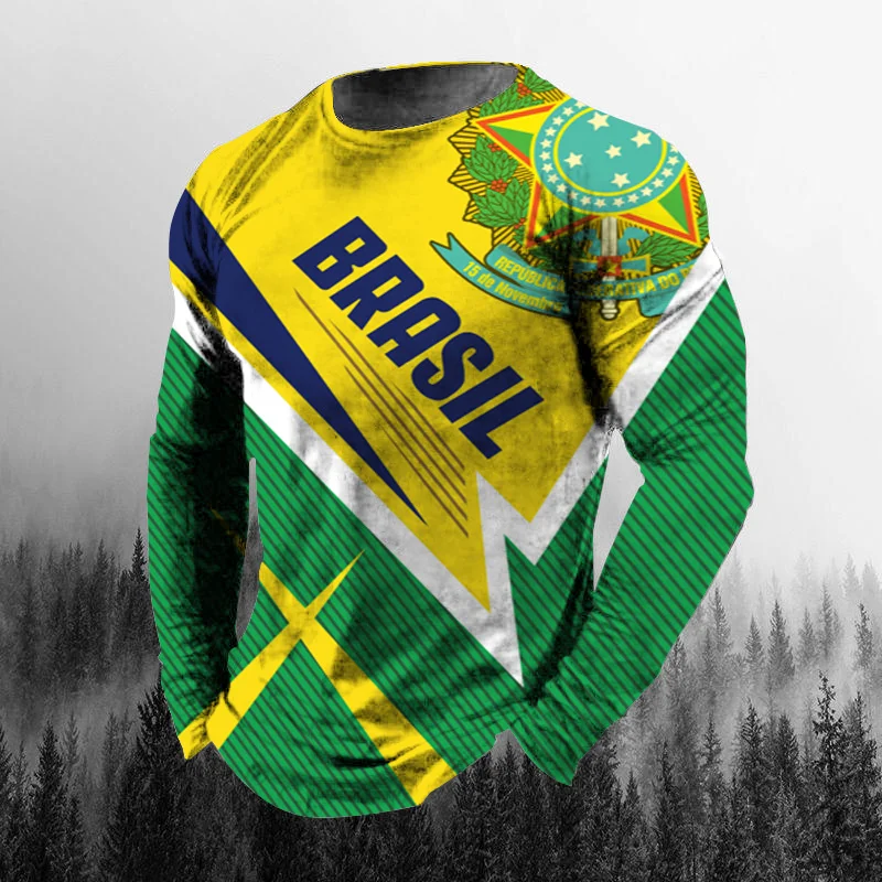 Men'S Fashion T Shirts - Vintage Brasilien-Flagge 3D-Druck Herbst Herren O-Ausschnitt