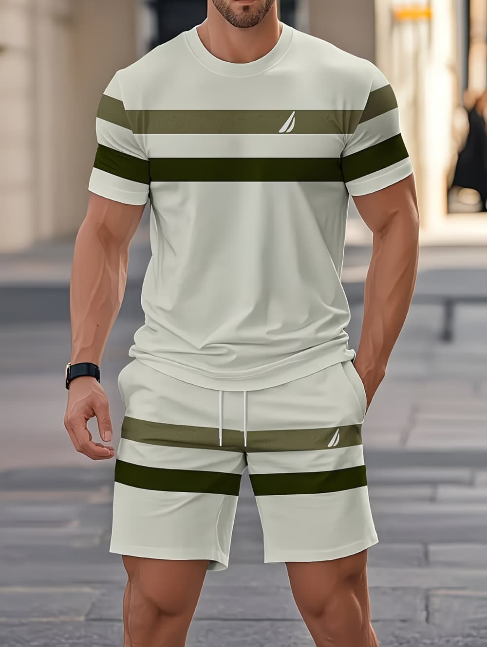 Men'S Fashion Videos - Herren-Sommer-Sets, lustiges 3D-Streifen-Print-Kurzarm-T-Shirt + Shorts, 2-teiliges
