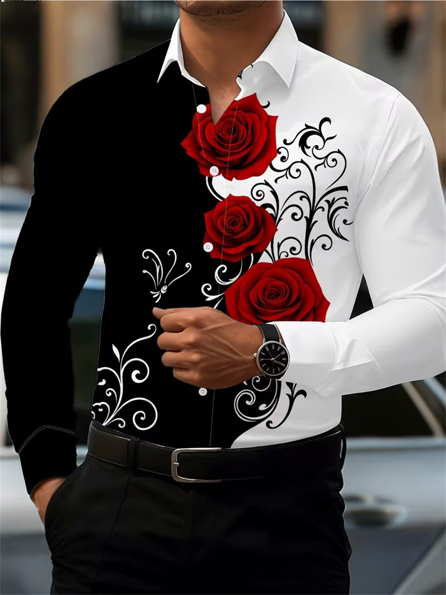 Mens Fashion Clothes - Herren Langarmhemd mit rotem Rosenmuster, modisch