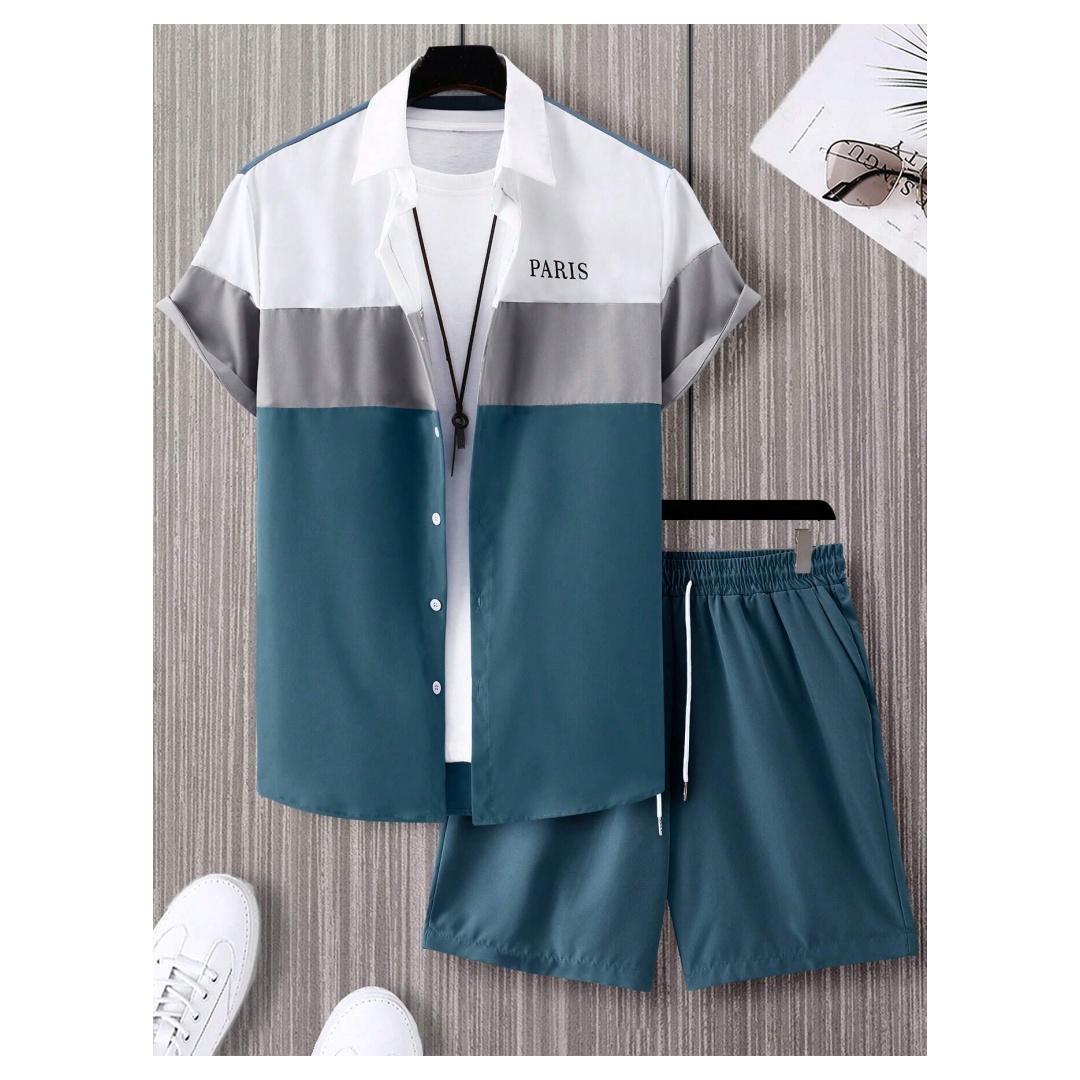 Men'S Fashion Videos - Herrenmode-Anzug, blau-weiß patchworkfarben, einreihig, kurzärmeliges Revershemd